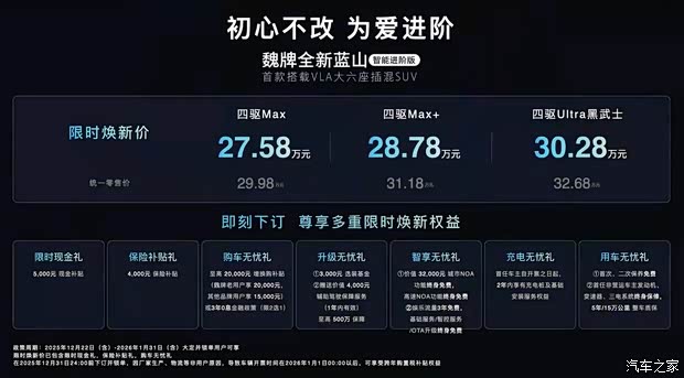 限时售27.58万起 VLA大模型六座插混SUV 魏牌蓝山智能进阶版上市